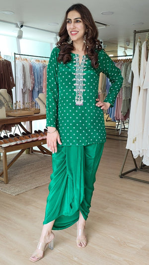 Bandhini Green Embroidered Dhoti Skirt Set