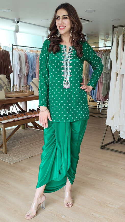Bandhini Green Embroidered Dhoti Skirt Set