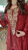 Embroidered Maroon Long Yoke Sharara Set