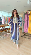 Stripe Blue Embroidered Kaftan With Pant