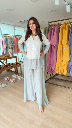 Sequin Off-White Grey Shirt Palazzo Set