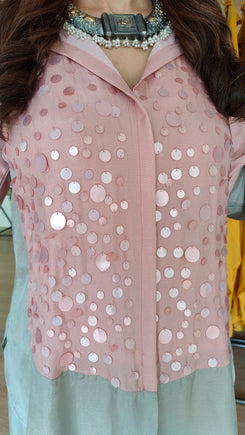 Sequin Pink Grey Shirt Palazzo Set