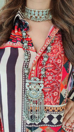 Oxidised Pendant Necklace with Chain Tassels