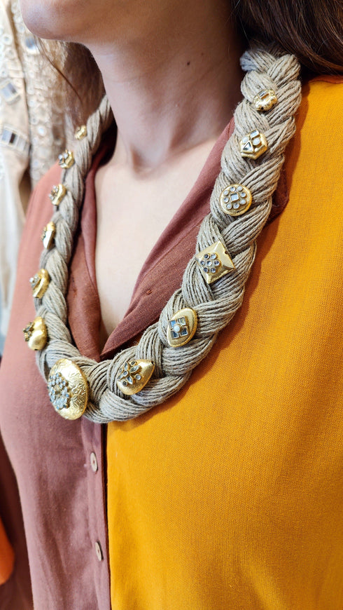 Braided Jute Necklace with Gold Accents