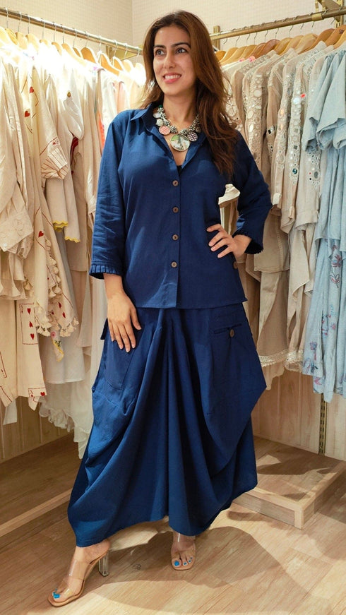 Navy Blue Drape Skirt Set For Women