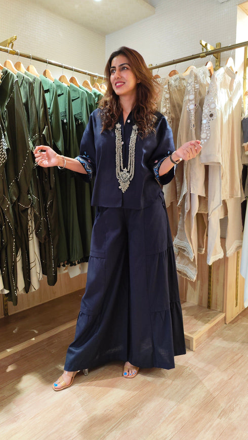 Blue Embroidery Top With Flared Pant