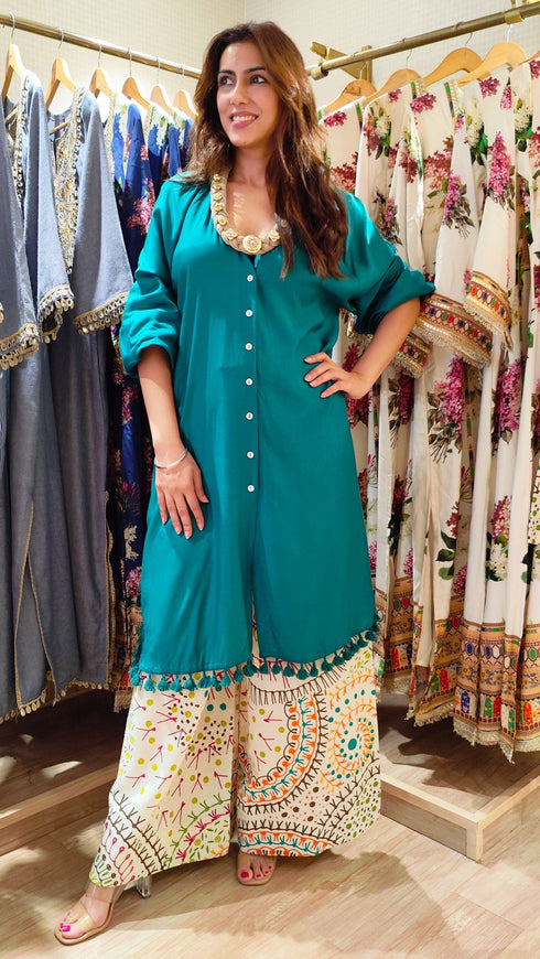 Long Green Kurta With Printed Pant