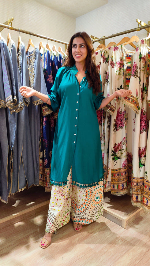 Long Green Kurta With Printed Pant