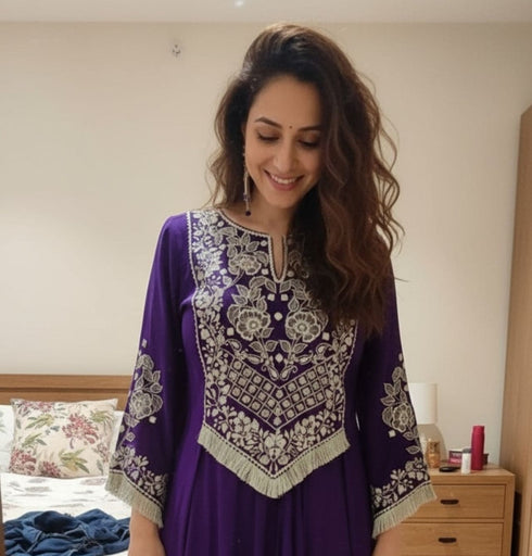 Purple Drape Skirt Set with Embroidered High-Low Top