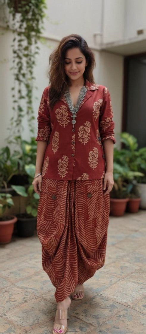 Jaipuri Maroon Drape Skirt Set For Women