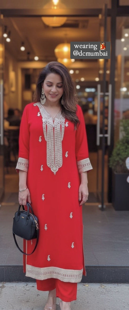 Embroidered Red Long Yoke Kurta with Pant