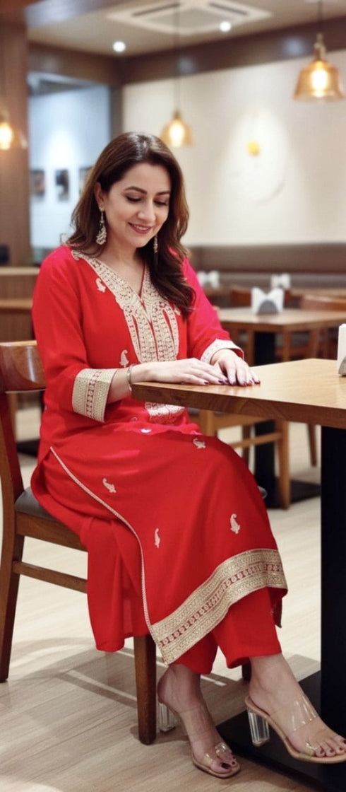 Embroidered Red Long Yoke Kurta with Pant