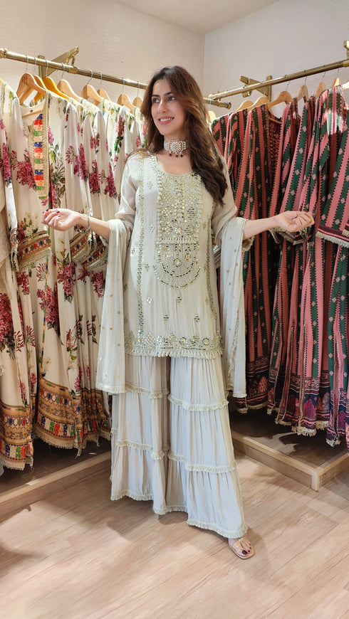 Champagne Grey Mirror Embroidered Sharara Set