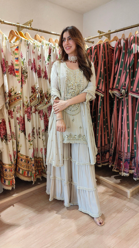 Champagne Grey Mirror Embroidered Sharara Set