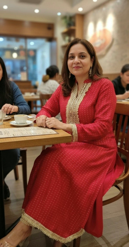 Embroidered Red Long Yoke Kurta with Pant
