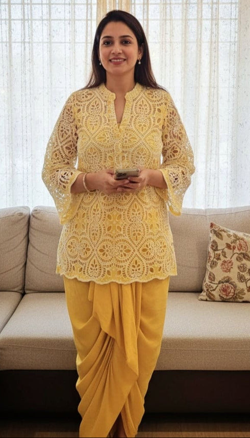 Yellow Cutwork Kurta with Dhoti and Singlet