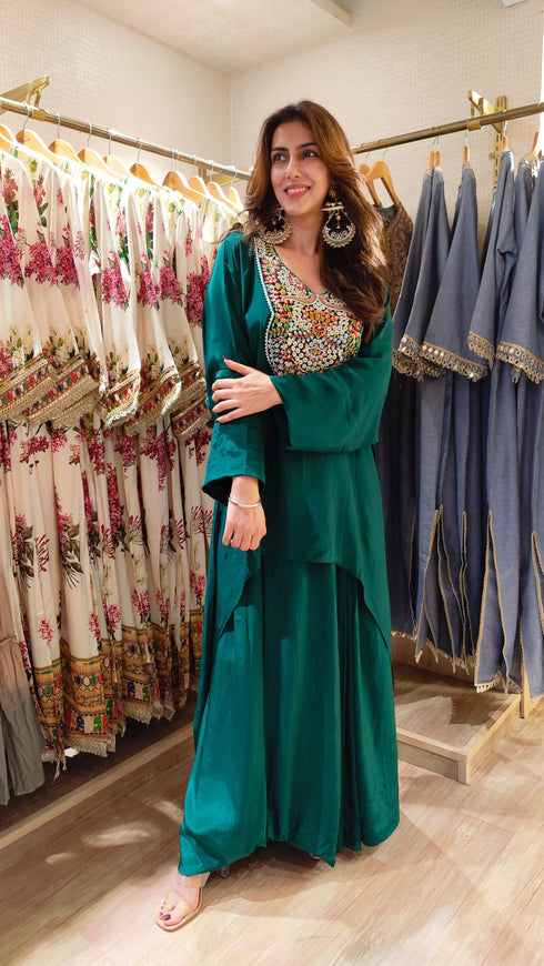 Embroidered Green Kaftan Top with Drape Lungi Skirt
