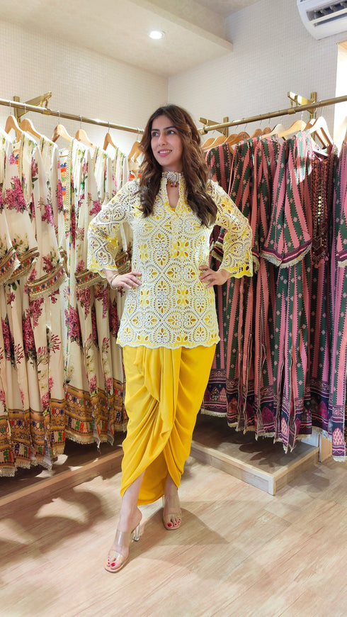 Yellow Cutwork Kurta with Dhoti and Singlet