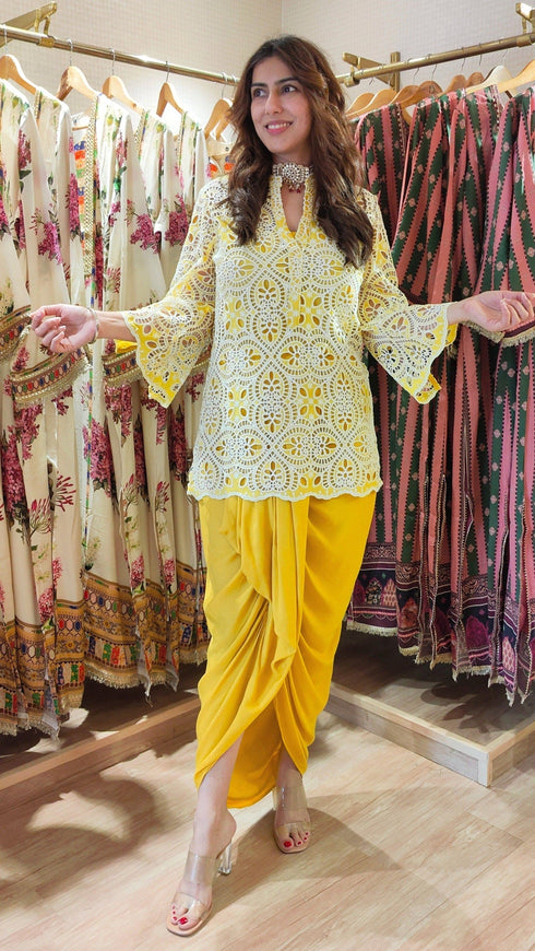 Yellow Cutwork Kurta with Dhoti and Singlet