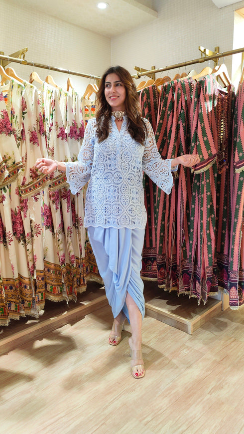 Blue Cutwork Kurta with Dhoti and Singlet