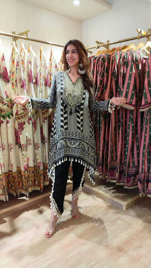 Natural Crepe Black White Kurta Dhoti