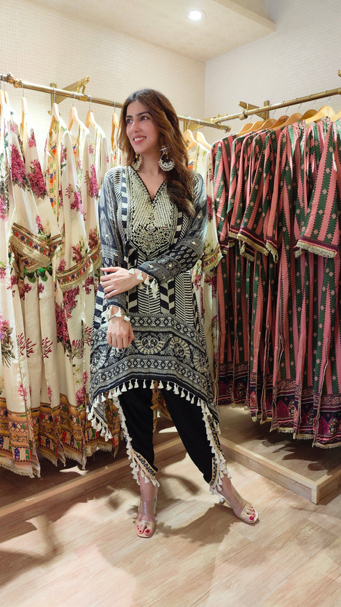 Natural Crepe Black White Kurta Dhoti