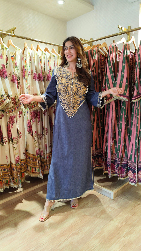 Dark Denim Gold Kaftan Dress