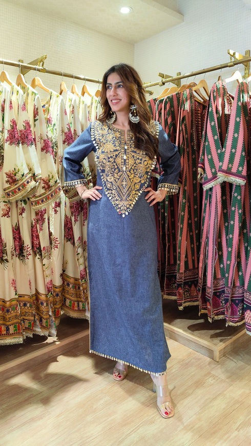 Dark Denim Gold Kaftan Dress