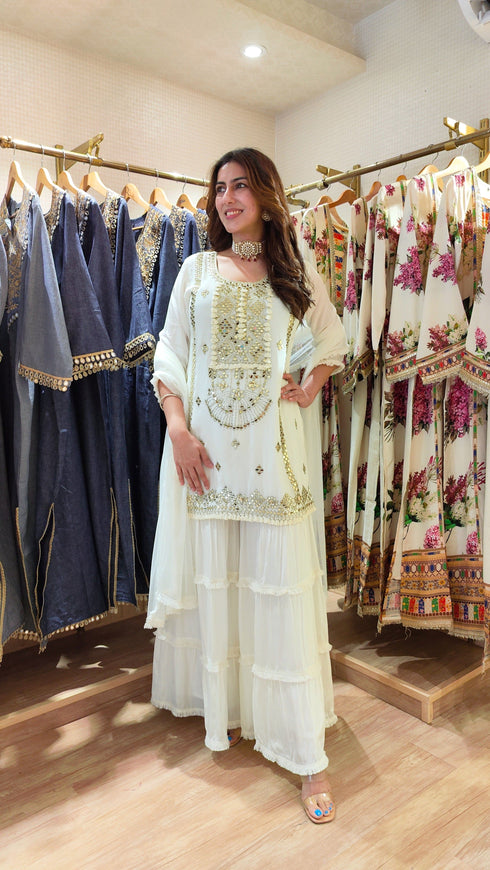 Snow White Embroidered Sharara Set