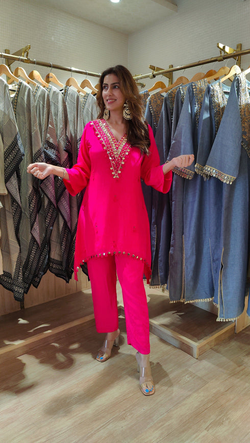 Mirror Pink C Cut Kurta With Pants