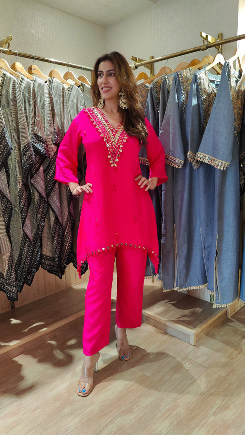 Mirror Pink C Cut Kurta With Pants