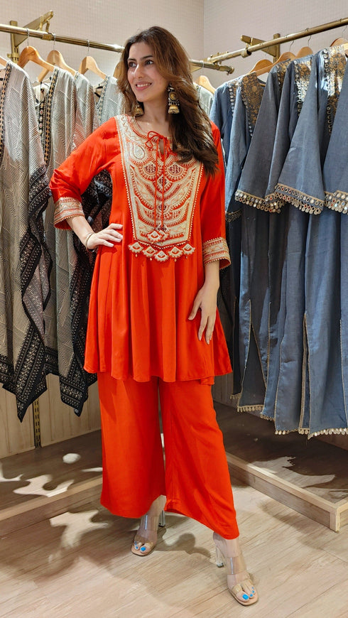 Rust Orange Set with Embroidered Yoke