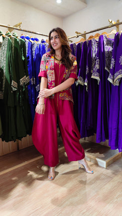 Printed Maroon Jumpsuit with Jacket