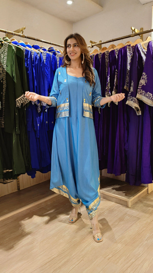 Blue Denim Jumpsuit Jacket with Gold Print