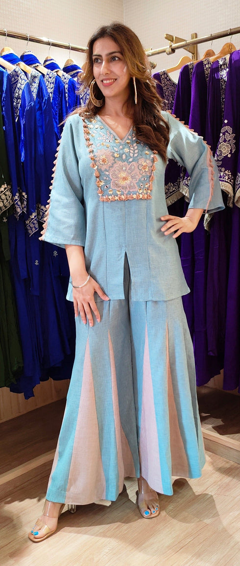 Blue Pink Embroidered Top With Kali Pants