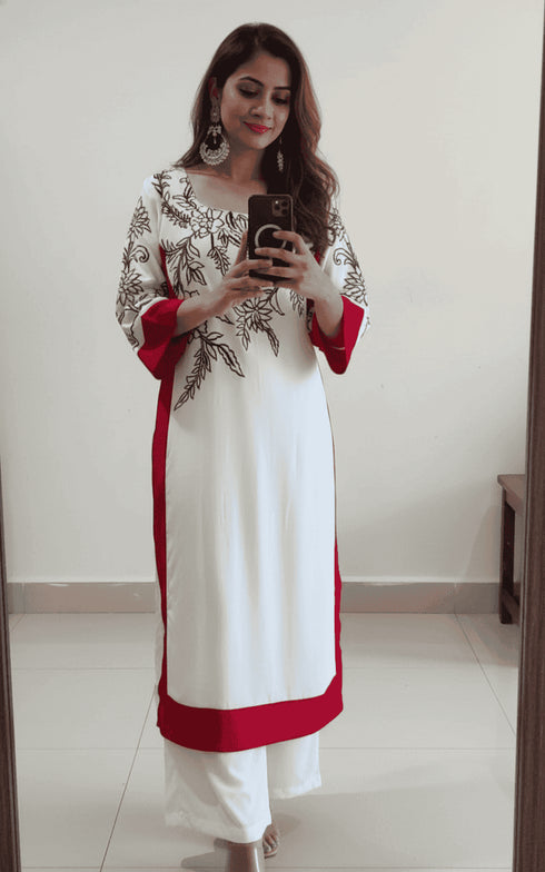White And Red Long Embroidered Kurta With Pants