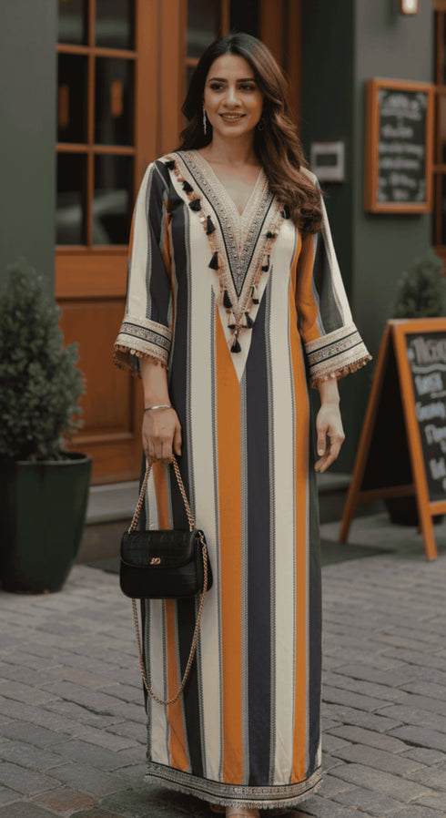 Blue Brown Beige Kaftan Dress