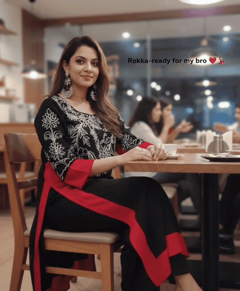 Black And Red Long Embroidered Kurta With Pants