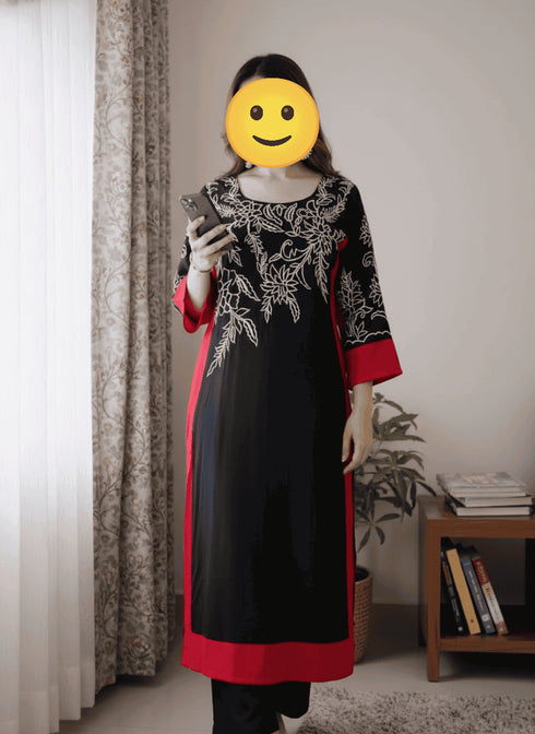 Black And Red Long Embroidered Kurta With Pants