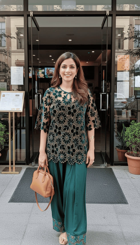 Green Velvet Cutwork 3 Piece Farshi Set