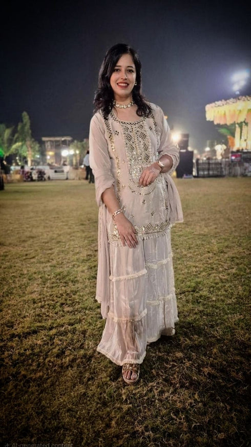 Champagne Grey Mirror Embroidered Sharara Set