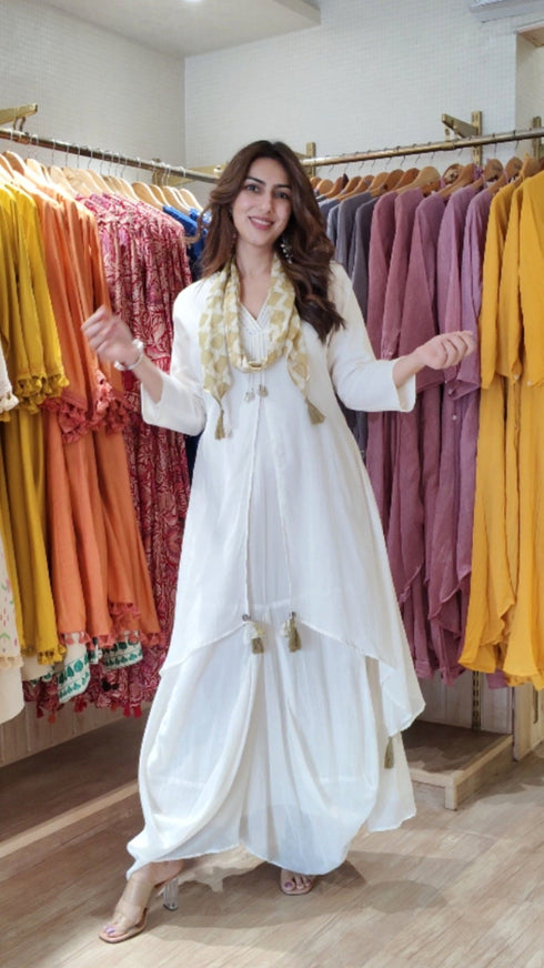 White Drape Dress With Printed Scarf