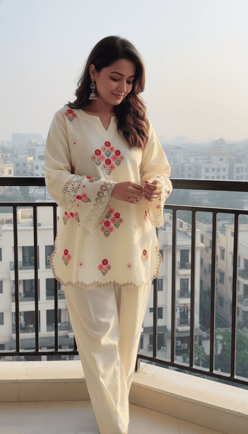 Floral Cream Embroidered Kurta Set