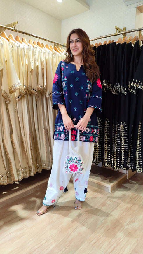 Blue White Embroidered Farshi Set with Potli