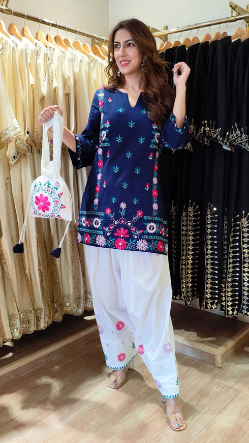 Blue White Embroidered Farshi Set with Potli