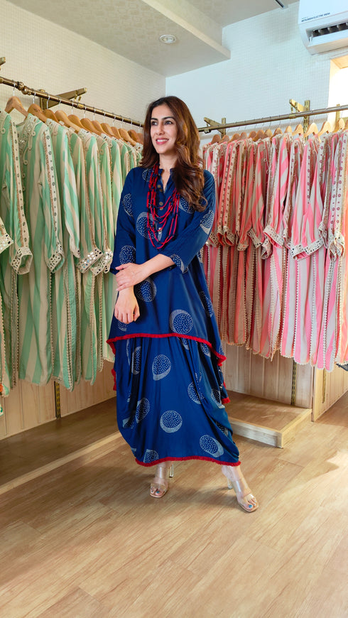 Blue Dhoti Skirt Dress with Neckpiece