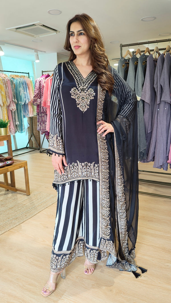 Black And White Striped Sharara Set