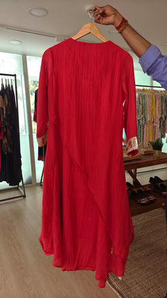 Red Metal Linen Drape Dress - view 2