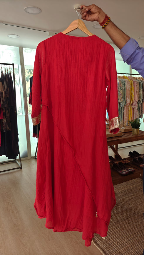 Red Metal Linen Drape Dress