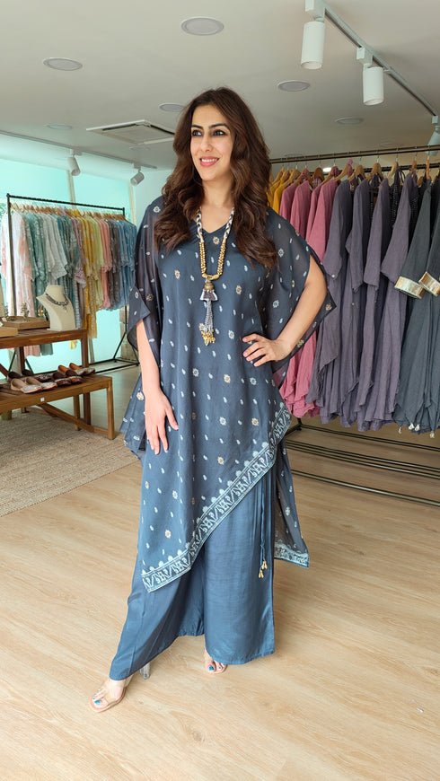 Grey Asymmetric 4 piece Kaftan Coord Set with Camisole & Neckpiece